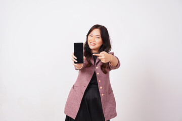 Naklejka premium Woman Pointing Finger at Mobile Phone Screen
