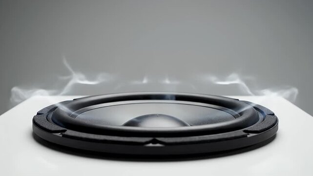 A black speaker cone vibrates with visible sound waves emanating from it.
