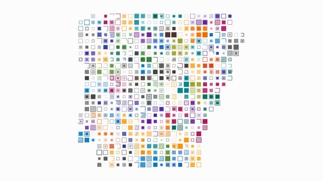 Arkansas animated shape. Pulsating colored dots on the map of the state. Large size square blocks. Digital style Arkansas map on white background. Beautiful animation video.