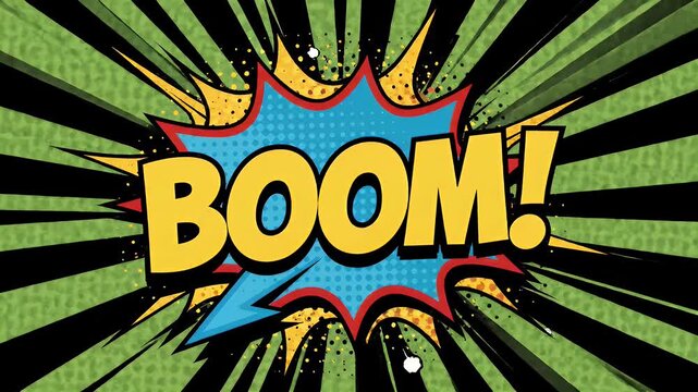 Retro comic book style boom text effect inside a colorful pop art speech bubble.