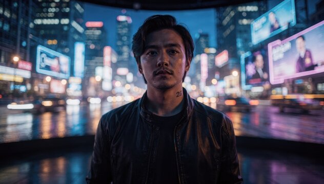 Main subject in crisp detail framed by an LED volume depicting a bustling futuristic city skyline at night with softly blurred streetlights enhancing cinematic mood.