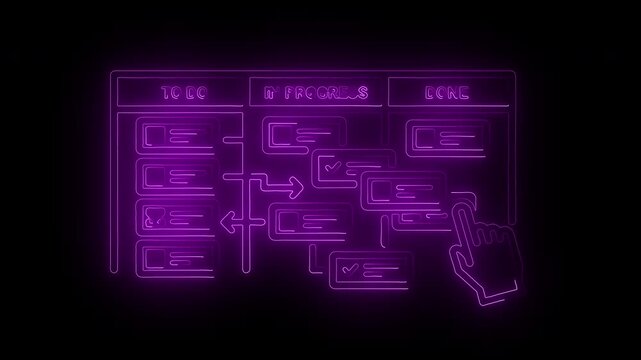 Neon-lit purple flowchart diagram on a black background with glowing lines and boxes in a futuristic style.