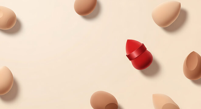 Vibrant red makeup sponge, elegantly tied with a ribbon, boldly distinguishes itself among a gentle scattering of neutral cosmetic blenders, embodying individuality and unique beauty