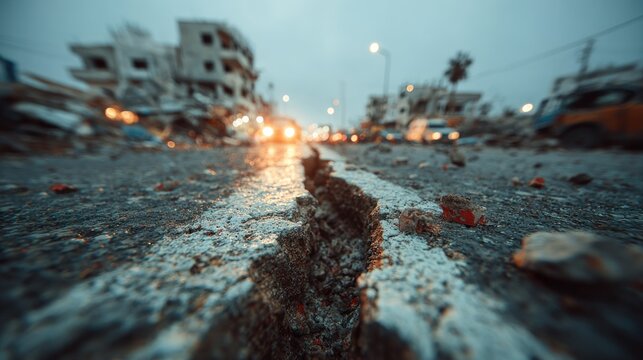Scene of destruction after an earthquake with cracked road and damaged buildings