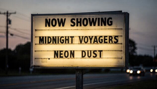 Medium shot of a large roadside marquee sign with changeable letters highlighting evening doublefeature movie titles main text in focus with blurred background.