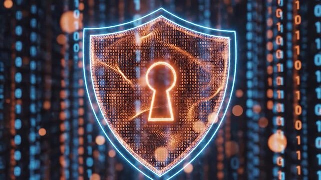 A glowing digital shield icon with a keyhole symbol floats over a background of binary code