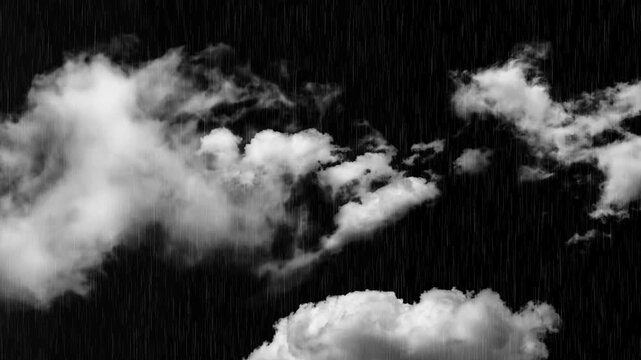 Moving clouds with rain and Lightning strike bolts Effects overlay. Thunderstorm Light with heavy rain falling motion graphic effects, flying clouds black screen, Moving white clouds.