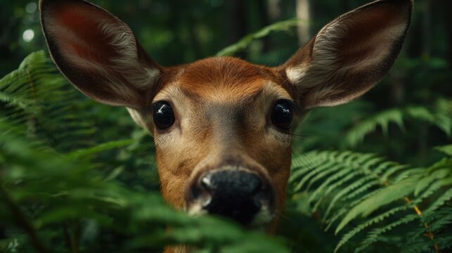 A Shy Young Deer Peeking Through Lush Green Forest Foliage with Large Sensitive Eyes
