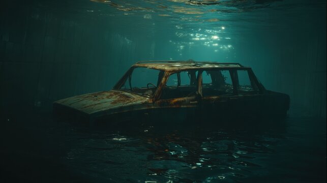 An abandoned car slowly rusting and corroding in its metal frame submerged deep underwater.