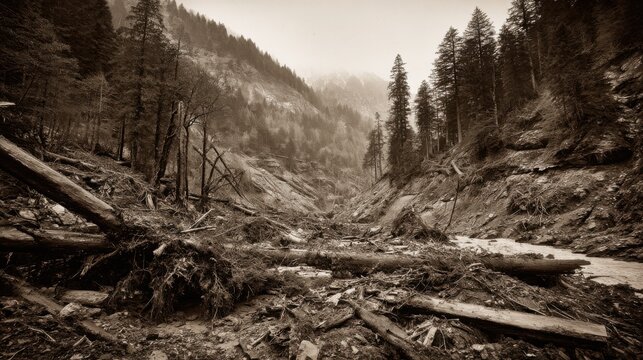 Devastated mountain valley with tangled forest debris and soil after a massive natural landslide event