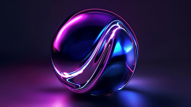 Highly reflective chrome sphere reflecting dynamic magenta and blue neon light curves on dark floor.
