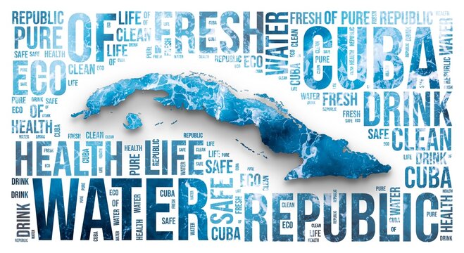 Cuba. Water concept illustration. Silhouette of the country. Word cloud with blue, marbled water texture. Cuba shape with related tag words. Stylish illustration.