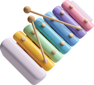3d cute cartoon rainbow xylophone with wooden mallets isolated on transparent background.