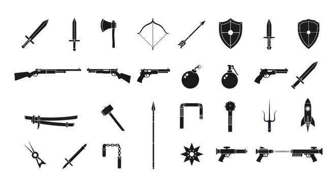 Collection of Weapon Icons: Swords, Guns, Axes, Shields, and More