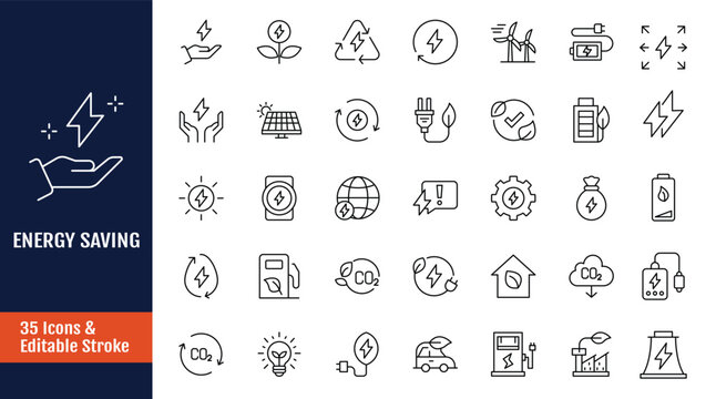 Saving energy icon set. Outline icon with Editable stroke. Vector illustration