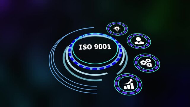 Quality management system compliance dashboard with certification icons and ISO 9001 title on high-tech HUD