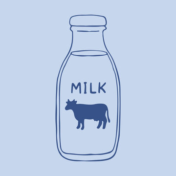 Hand drawn vector of a traditional glass milk bottle with a metal screw cap and dark blue liquid inside. Clean line art illustration featuring a classic cow silhouette icon and handwritten text