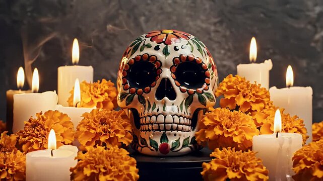 Colorful Skull Altar With Candles And Marigolds Day Of The Dead.