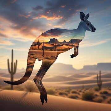 Kangaroo Silhouette in Desert Landscape - A Double Exposure Art Piece.