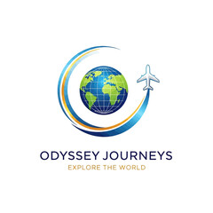 Fototapeta premium Odyssey Journeys logo with globe and airplane symbolizing travel exploration.