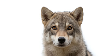 Fototapeta premium Wolf face with detailed fur and brown eyes white background pack animal gray wolf arctic wolf timber wolf dog family wild dog animal kingdom no people wildlife portrait studio shot