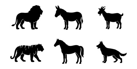 Black animal silhouettes set of 6 vector icons, wild and domestic animal shapes including lion, tiger, horse, donkey, goat, and dog, minimalist nature graphics © Mamun