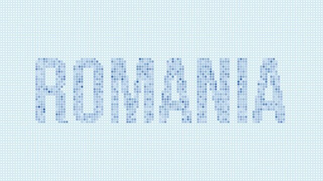 Romania dotted map animation. Digital style shape of the country. Romania shape and title dots appear with bulb flickering effect. Intro, outro, logo, title video.