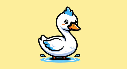 Fototapeta premium A cartoon white duck standing in water.