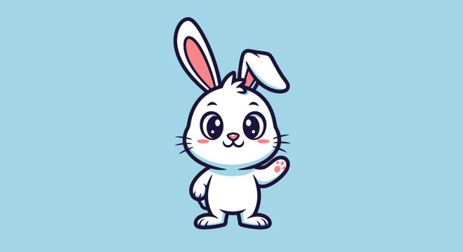 Cute cartoon white bunny waving hello.