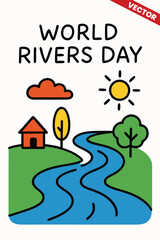 Obraz premium Peaceful River Landscape with Small House and Trees for World Rivers Day, Rural Nature Scene for Environmental Sustainability and Water Conservation