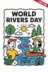 Naklejka premium Man and Woman Enjoying River Activity with Mountains and Sun Background for World Rivers Day in Clean Line Art Doodle Style Illustration