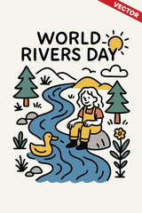 Fototapeta premium Girl Sitting by the River with Pine Trees and Duck in the Water for World Rivers Day Concept in Simple Hand Drawn Doodle Style Illustration