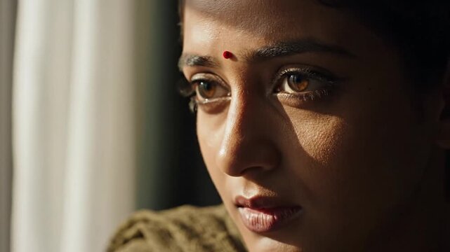 Beautiful Punjabi woman with red bindi looking out window in sunlight