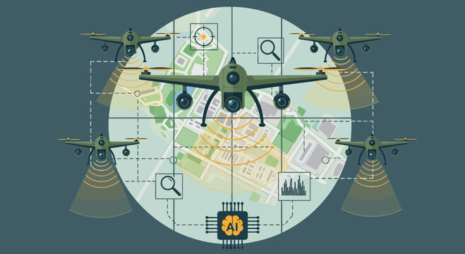 AI Powered Military Drone Surveillance Concept with Digital Map Scanning and Autonomous Sensor Data Illustration.