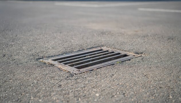 Medium frame on paved lot featuring focused drain grate center with smooth pavement fading softly into the background.