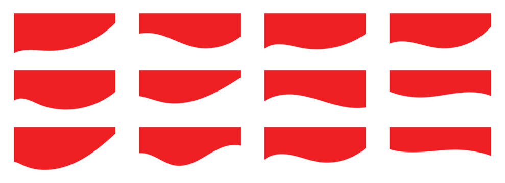 Minimalist red wavy dividers vector set. Minimalist red curved line separators for clean web design. Elegant wave shapes for top and bottom page transitions. Vector  illustration. 