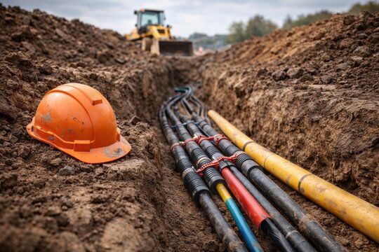 Installation of underground pipelines with construction equipment - infrastructure and civil engineering concept.