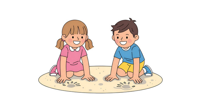Adorable cartoon kids playing in the sand creating handprints on the beach in a whimsical illustration with vibrant colors and a playful mood