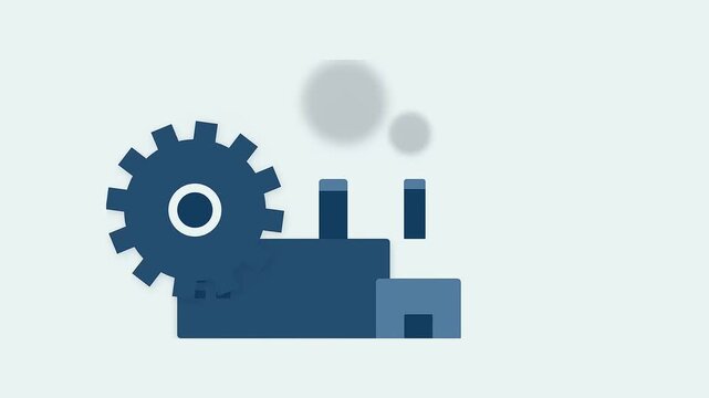 Animated industrial process visualization depicting factory gears rotating and smoke emissions representing manufacturing and engineering