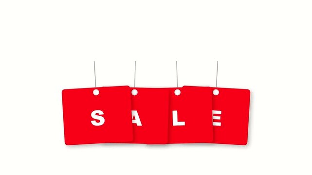 Vibrant red rectangular tags with white 'SALE' lettering, suspended by strings against a clean white background, perfect for retail promotions and advertising campaigns.