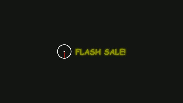 Dynamic neon 'Flash Sale' text animation with a stylish timer icon emphasizing urgency for limited time offers and online shopping promotions.