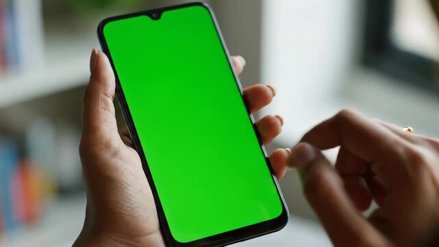 Close-up of a person holding a black smartphone with a green screen, ready for content insertion or chroma key effects.