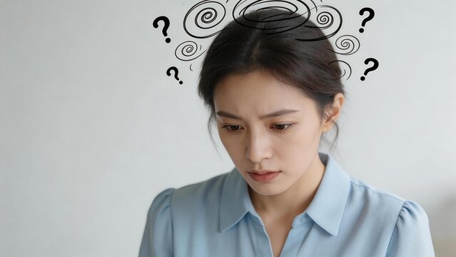Woman with question marks above head