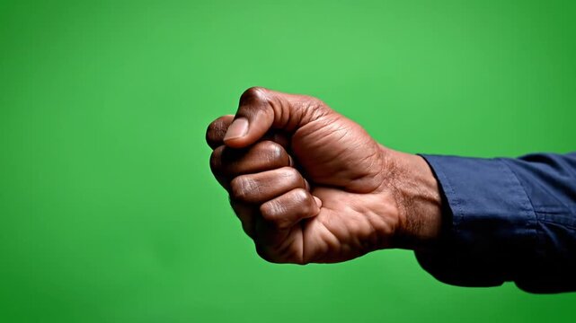 A dark-skinned hand clenched into a fist against a vibrant green screen background.