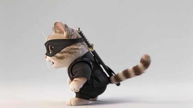 Adorable Ninja Cat with Katana Sword Ready for Action on White Background.