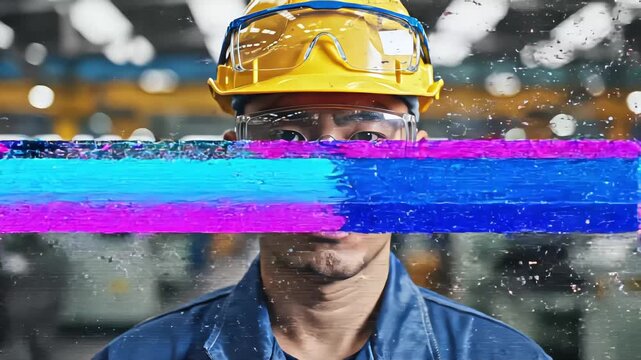 Eye-level portrait of a male factory worker with a dirt-smudged face wearing a yellow hard hat and safety goggles interrupted by digital glitch effects against a soft light blurred background