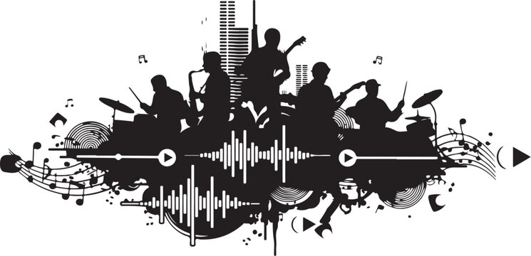 Music Silhouettes with Sound Wave and Musical Instruments