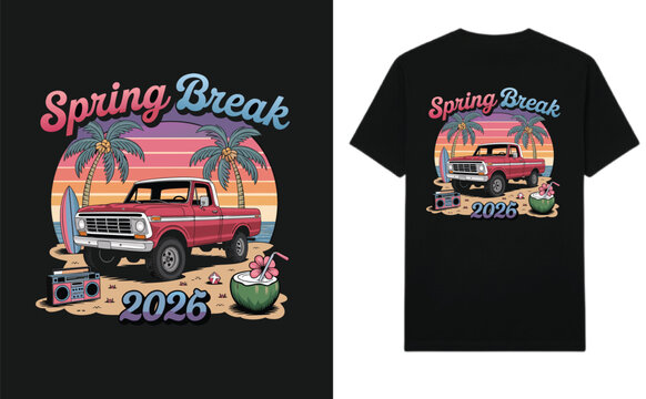 Spring Break 2026 Retro Truck Beach T-Shirt