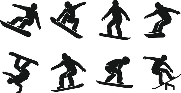 A collection of eight black silhouette figures depicts various snowboarding poses and stunts against a stark white background high quality professional detailed modern