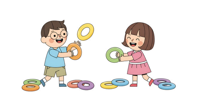 Cartoon children playing ring toss game with colorful circles on black background; joyful kids having fun tossing rings in cartoon style